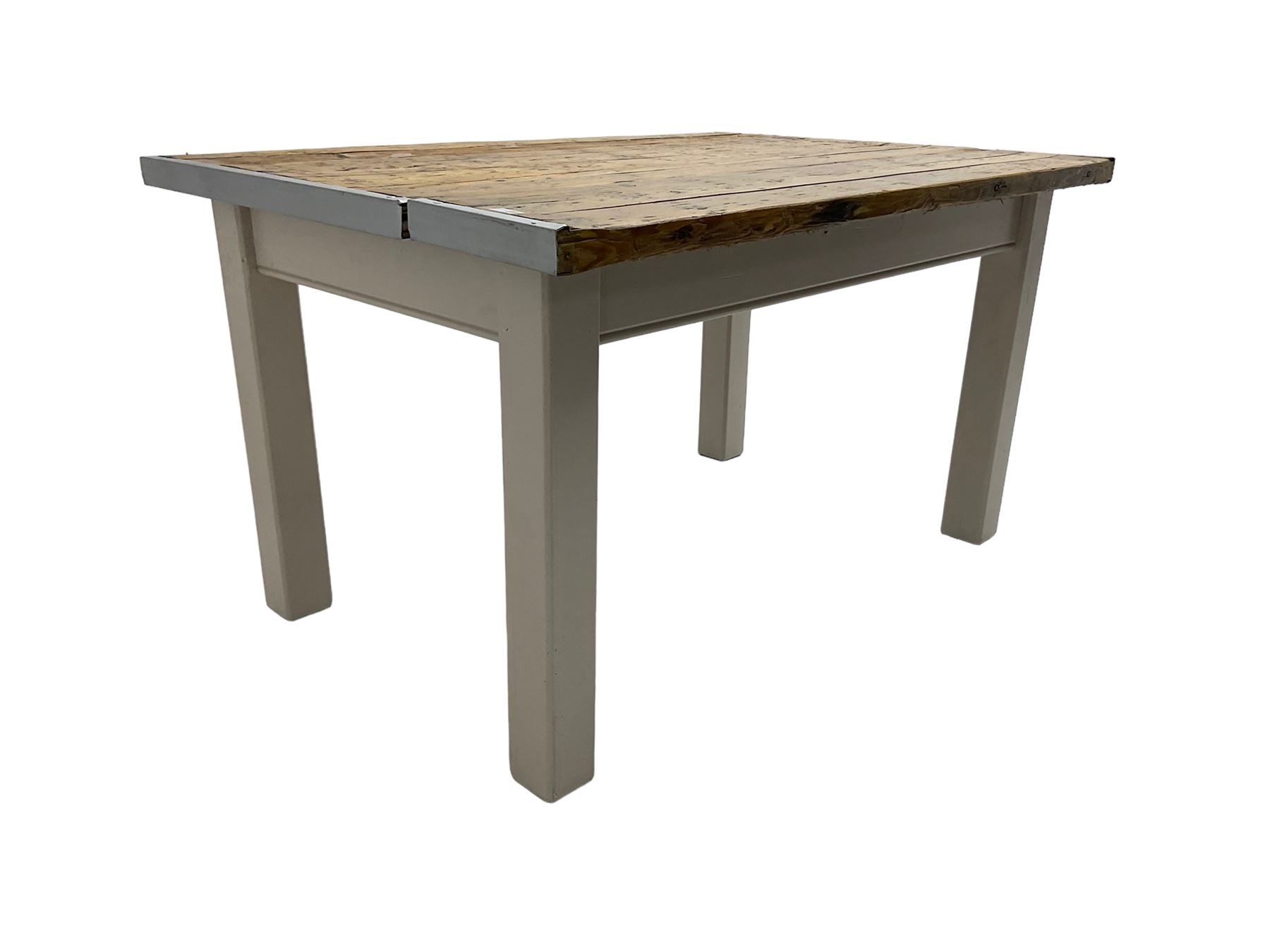 Rustic pine dining table, plank top with metal end caps, on square