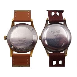 Two metal plated and stainless steel manual wind wristwatches with Tudor dials one with subsidiary seconds dial, the other signed S.A.B Bangkok, both on leather straps