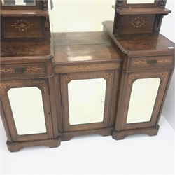  Victorian inlaid mahogany stepped inverted breakfront mirror back side cabinet, shaped and pierced cresting rail, two drawers above three mirror glazed front cupboards, plinth base, W147cm, H215cm, D42cm,   