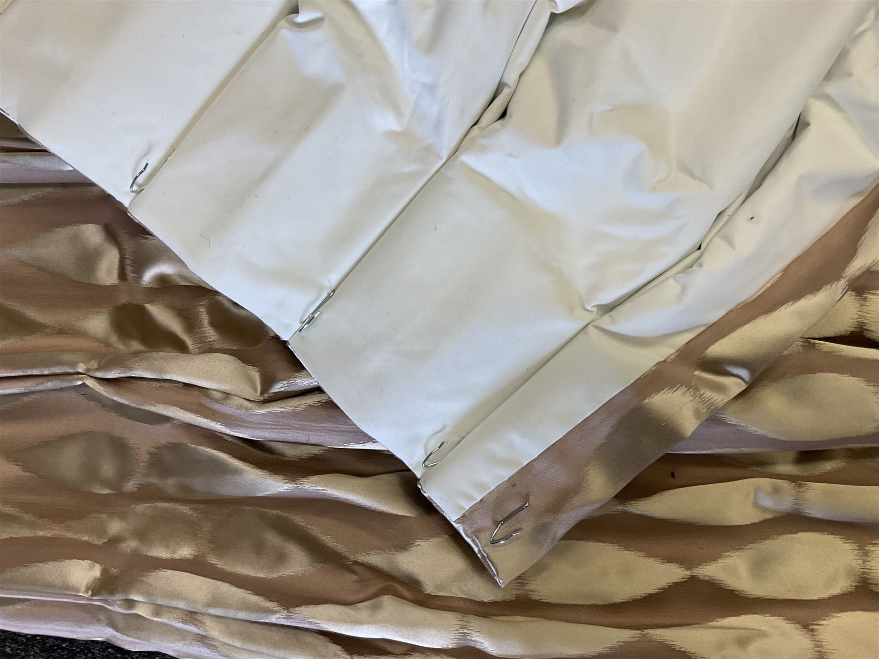 Furnish & Fettle - pair thermal lined curtains, in champagne fabric decorated with trailing vertical teardrop pattern, double pinch pleated headers, width at header - 110cm, drop - 309cm (per curtain)