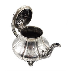  Victorian silver teapot embossed and engraved decoration, scroll feet with eagle finial by Edward, Edward junior, John & William Barnard, London 1843, approx 24oz   