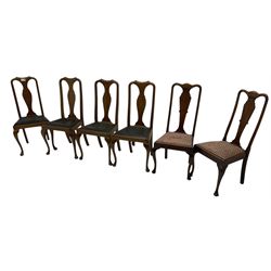 Matched set of fourteen early 20th century mahogany dining chairs, shaped cresting rail over shaped splat, upholstered drop-in seat, on cabriole front supports 