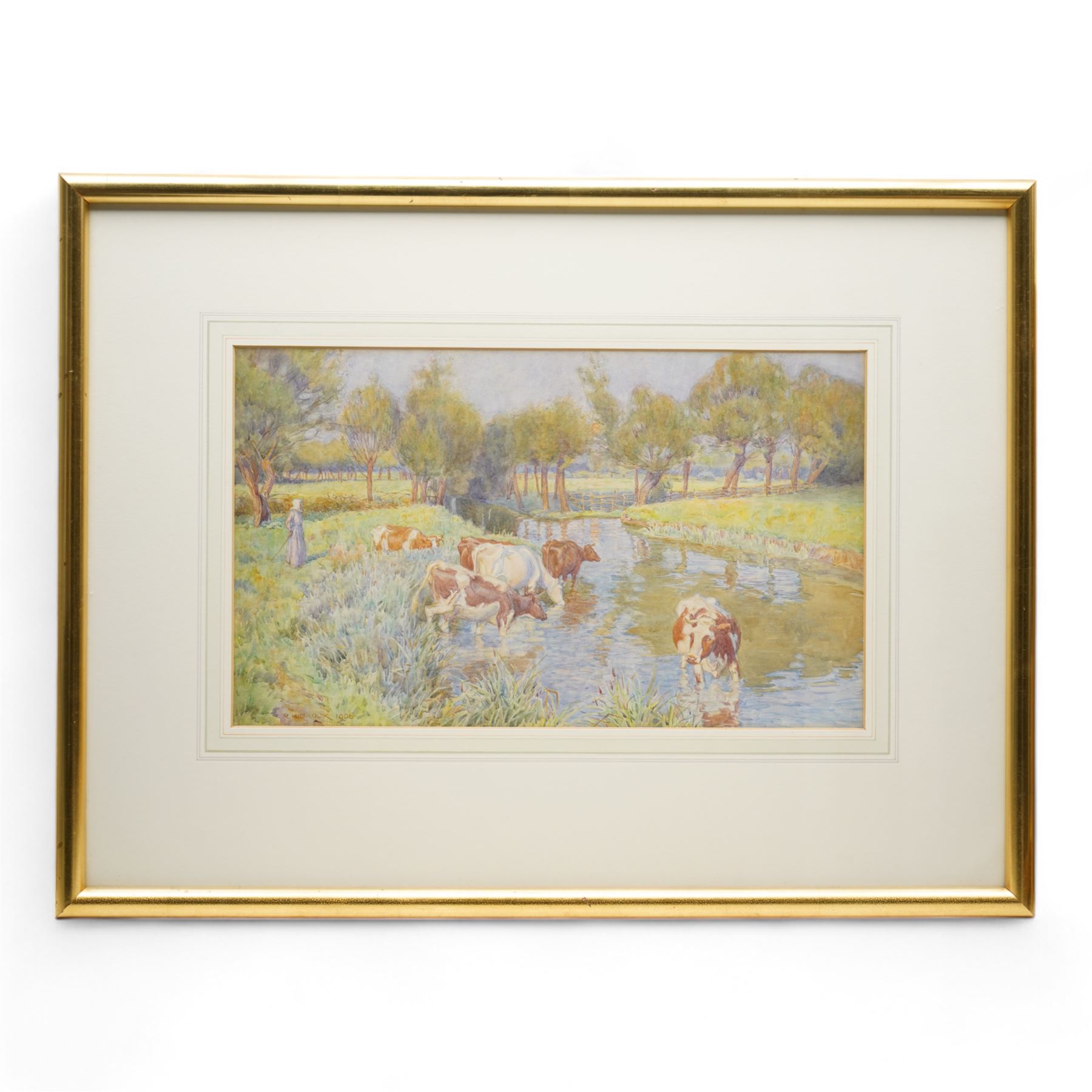 Richard Henry Brock (British 1871-1943): Cows Watering in a River, watercolour signed and dated 1906, 25cm x 42cm