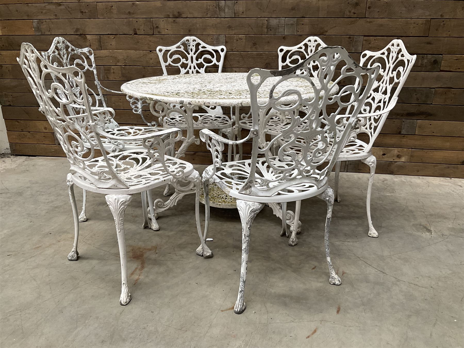 Victorian design cast aluminium circular garden table (D109cm, H72cm) and six armchairs 