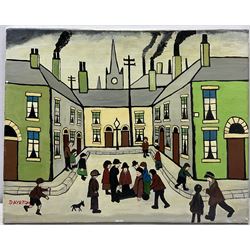 Follower of L S Lowry (Northern British 1887-1976): Busy Street Scenes, pair oil on canvas signed 'D Ayrton' max 40cm x 51cm (2)
