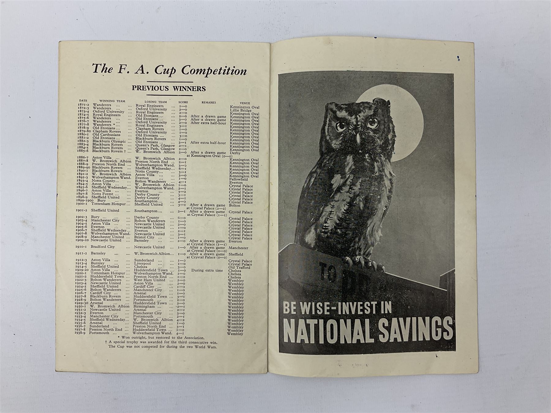 1946 FA Cup Final Charlton Athletic v Derby County football programme played 27th April 1946 at Wembley, signed to the centre pages by Raich Carter above his team name. Provenance: By direct descent from the family of Raich Carter having been consigned by his daughter Jane Carter.
