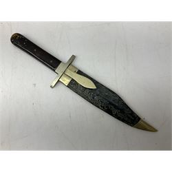 Bowie knife, the 16cm steel blade marked Taddy Henry & Horton Norfolk Street Sheffield, with nickel cross-piece and two-piece tortoiseshell type scales; L29cm overall; and an 'American Hunting Knife' with 14cm steel blade marked R. Lingard Sheffield, nickel cross-piece and lacquered grip; each in nickel mounted tooled leather sheath (2)