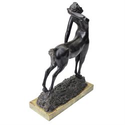 Walter Winans (St Petersburg 1852-1920): The Centauress, bronze model signed and dated 1915 to the naturalistic base, on a rectangular marble plinth, L30.5cm, H42cm

Notes: A finely modelled bronze depicting a rare female centaur, combining classical mythological subject matter with the fluid naturalism characteristic of Winans’ mature work.