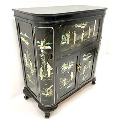 Hong Kong black lacquered cocktail cabinet with shibiyama style decoration of figures in a garden, hinged lid enclosing fitted interior, fall front, six cupboards, cabriole feet