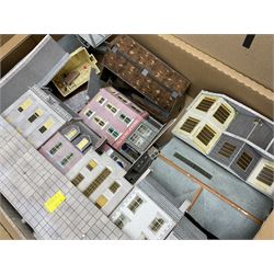 '00' gauge - large quantity of kit-built plastic and card trackside buildings including stations, warehouses, factories, parades of shops, church, houses etc; earlier wooden station building; and large bag of wooden matchsticks for model making; in three boxes
