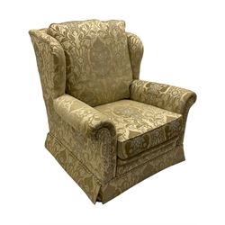 Steed Kedleston three seat sofa, and matching wing back armchair, upholstered in pale gold fabric