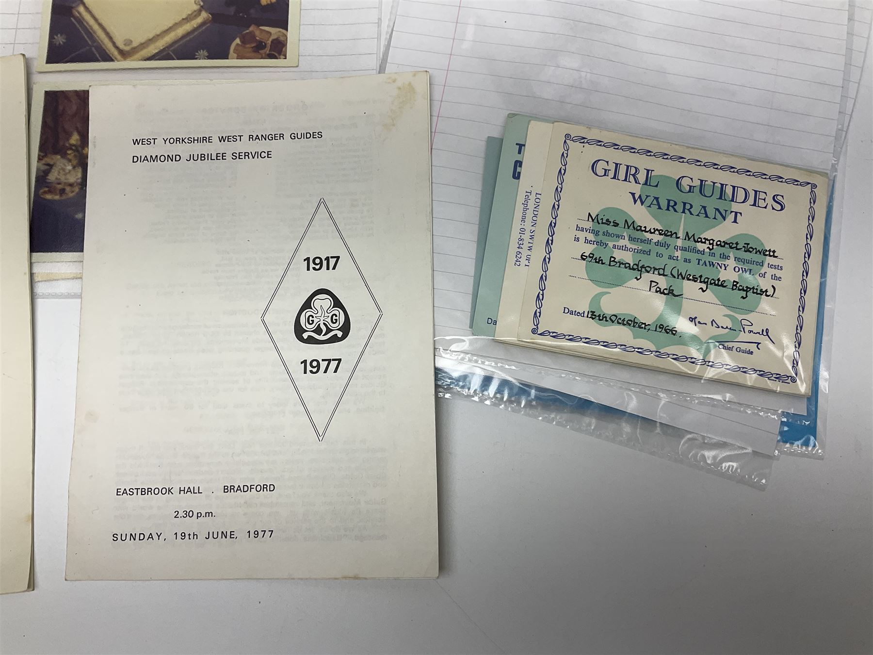 Bradford City Police pre-1974 helmet plate, buttons and Police Box key with finders fob; post-1974 West Yorkshire Police cap badge; Leeds City Police Pockebook with Bradford Notebook; quantity of Girl Guide Memorabilia including boxed Wedgwood limited edition jasperware 1970 Diamond Jubilee loving cup; brass banner pole finial; various metal, silver and enamel badges and paperwork etc 1950s - 1980s all relating to Maureen Margaret Jowett (AKA Jewitt)