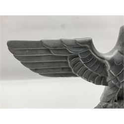 WW2 German cast white metal desk ornament/paperweight as the eagle insignia on later turned mahogany plinth H22cm