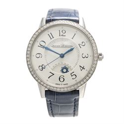 Jaeger-LeCoultre Rendez-Vous Night & Day ladies stainless steel diamond automatic wristwatch, Ref. 344.8.37.S, silvered dial with Arabic hour markers, on blue leather strap with fold-over clasp, boxed with original receipt dated 2019