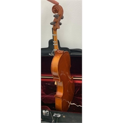 Three modern graduated violins - Suzuki 1/10 size child's violin with 23.5cm single piece back, bears label serial no.94282, 40cm overall; copy of Antonius Sradivarius of Cremona violin dated 1998 with 28cm two-piece back, 47cm overall; and Strobel violin with 35.5cm two-piece back, bears label dated 2006, serial no.512801325, 59cm overall. All cased with bows (3)