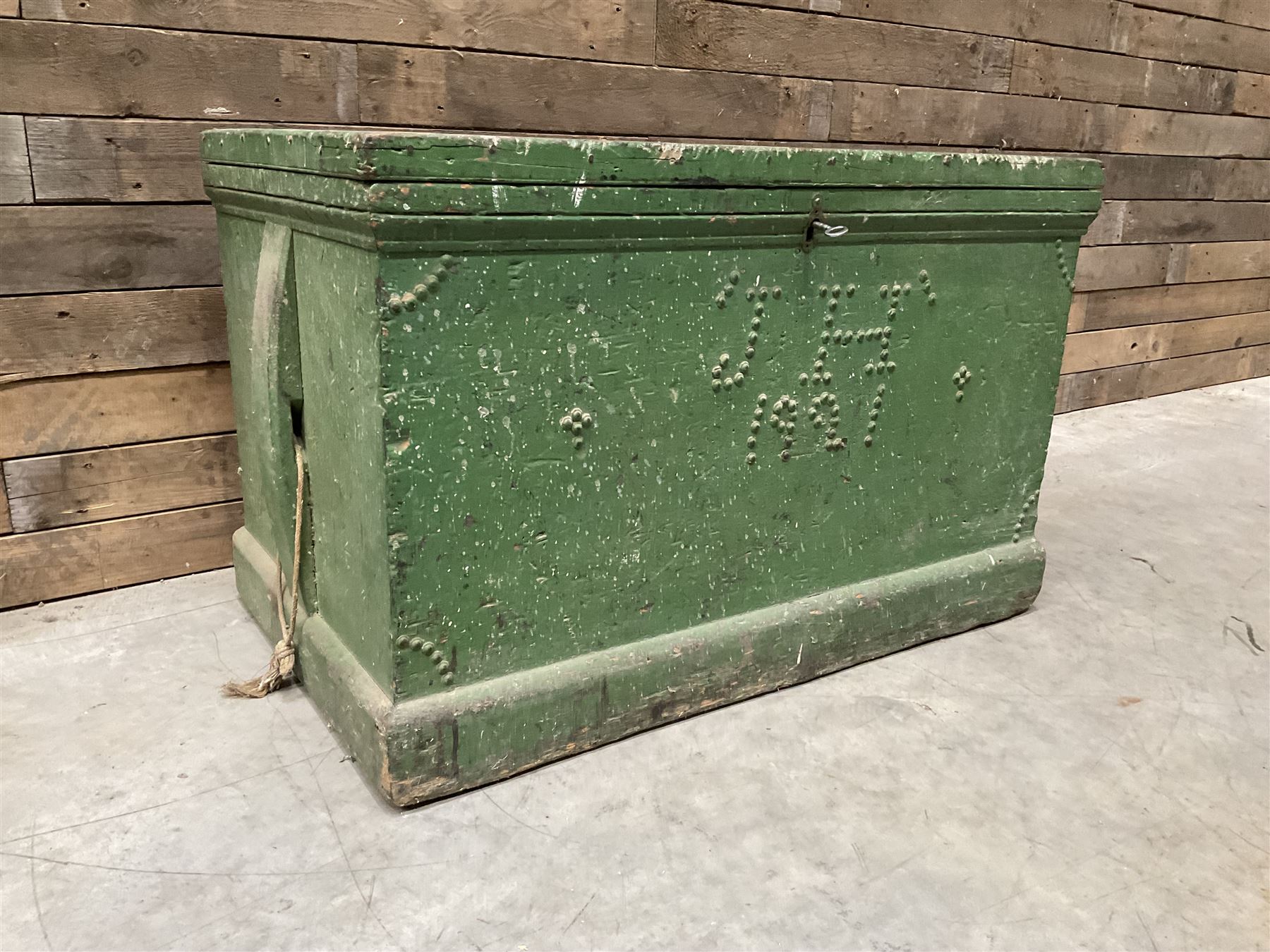 19th century green painted pine carpenters tool chest, mahogany lined fitted interior with adjustable sliding fitted compartments