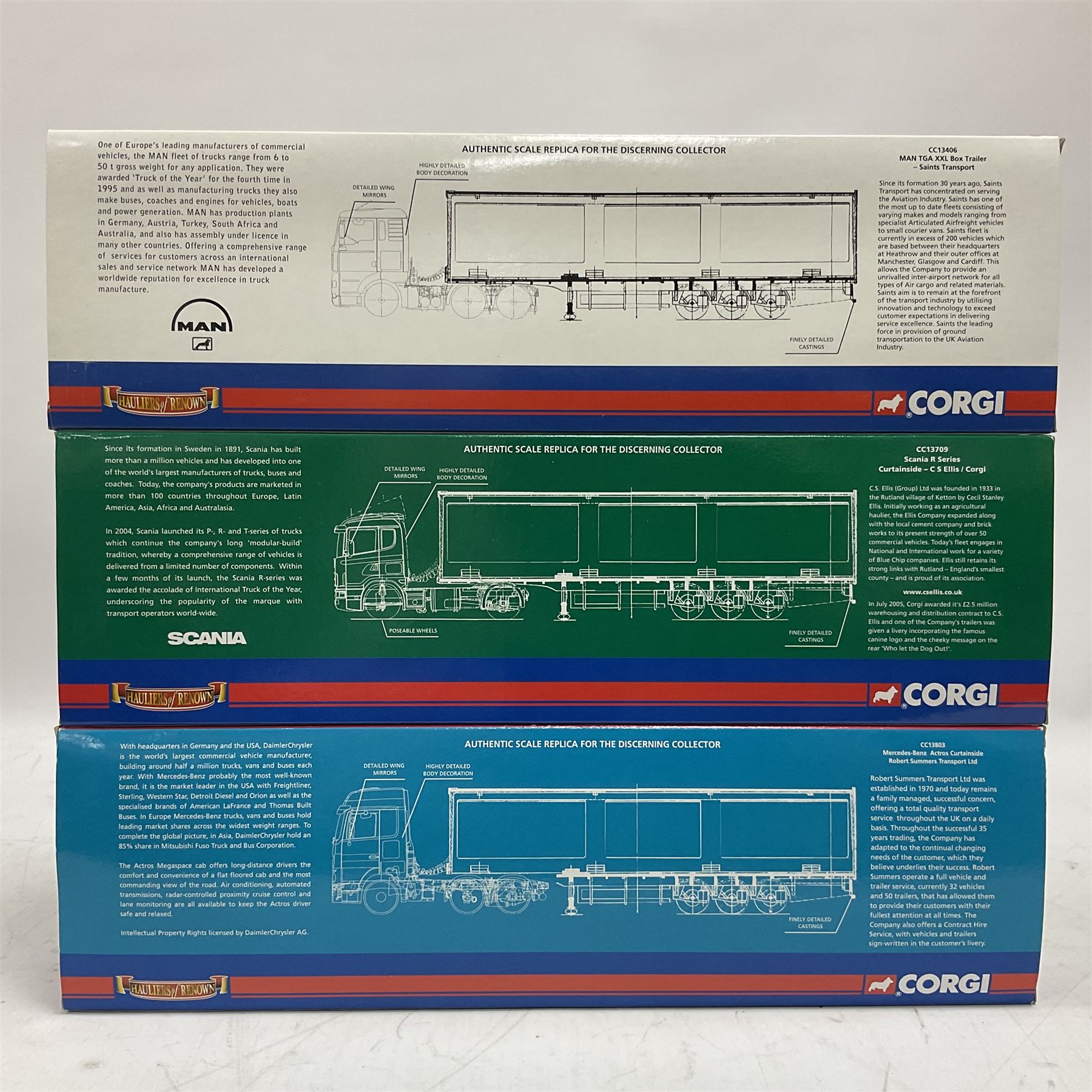 Corgi - three 'Hauliers of Renown' limited edition 1:50 scale heavy haulage vehicles comprising CC13803 Mercedes-Benz Actros Curtainside Robert Summers Transport Limited; and CC13406 MAN TGA XXL Box Trailer Saints Transport; all boxed (3)