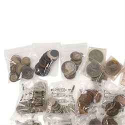 Approximately 116 grams of Great British pre-1920 and approximately 240 grams of Great British pre-1947 silver coins, together with two South Africa silver two and a half shilling coins, George III 1979 cartwheel twopence, approximately thirteen Queen Elizabeth II ten shilling notes, pre-decimal coins, etc