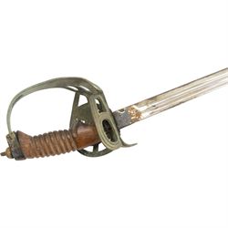 Prussian Cavalry sword Model 1889, with 77cm single edge blade, the folding guard incorporating the Imperial Prussian eagle, stirrup knuckle bow,  in black painted steel scabbard with single suspension ring, overall L94cm 