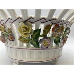 Early 20th century Dresden floral encrusted pierced bowl, centrally painted with flowers, on four tapering supports, D30cm 