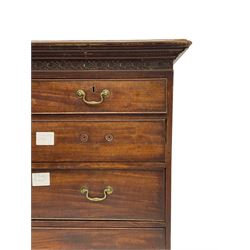 George III mahogany chest, projecting cornice over blind-fretwork frieze, fitted with two short over three long cock-beaded drawers