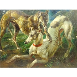  A Pirtschir (20th century): Study of Two Greyhounds, oil on canvas signed and dated 1930, 69cm x 90cm  