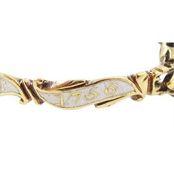 George II 18ct gold amethyst and enamel mourning ring, single cushion cut amethyst, with foiled and glazed back, to pierced fleur-de-lis shoulders, the white enamelled shank engraved Grace Hutchinson OB: 13 Dec: 1756