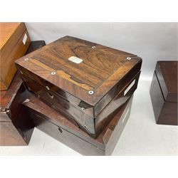 Collection of 19th century and later boxes for restoration, to include a mother of pearl inlay example, oak canteen, large mahogany example etc