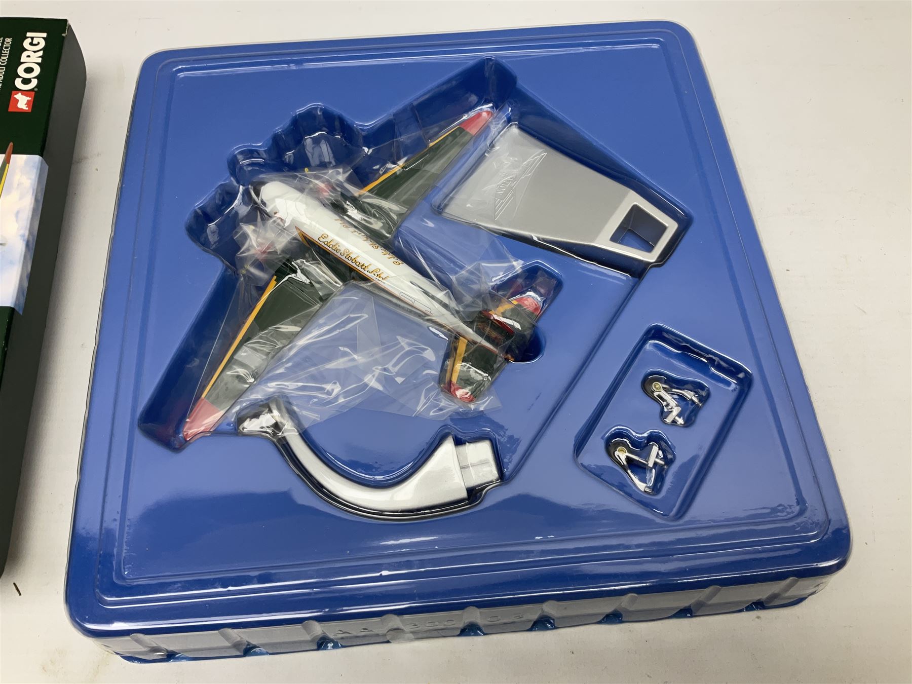 Corgi Eddie Stobart - limited edition CC12610 Scammell Crusader 3 Axle Low loader, CC12502 Atkinson Borderer Flatbed Trailer and AA30008 Douglas DC-3 Aircraft; TY99158 5-Piece Superhauler Set; and M6 Motorway Set; all boxed (5)