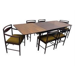 Tom Robertson for McIntosh of Kirkcaldy - mid-20th century 'Dunfermline' dining table, rectangular top with double concealed integral leaf, raised on tapered supports; complete with set of six (4+2) McIntosh dining chairs