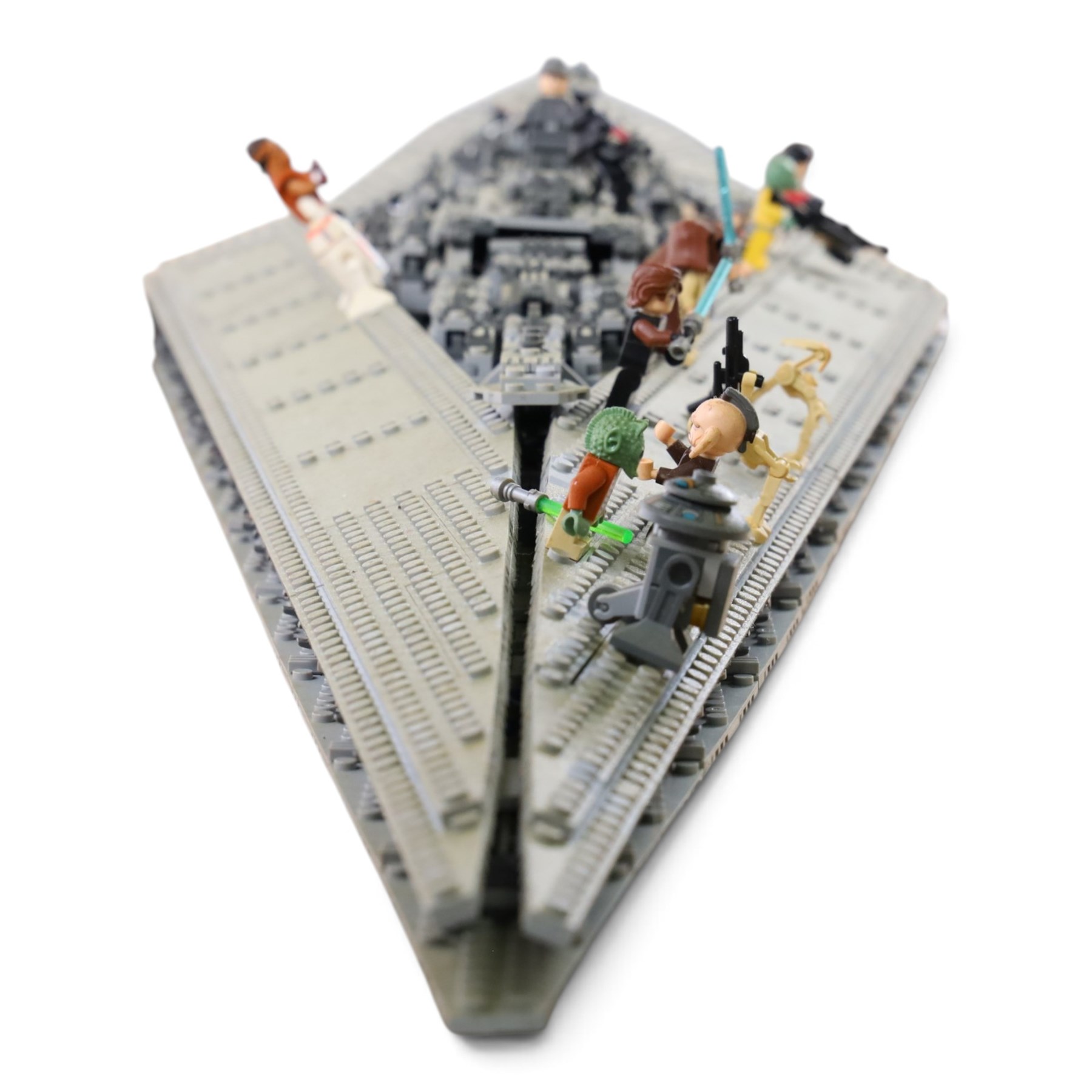 Three Lepin Star Wnrs built models, comprising Red Five X-Wing Starfighter no. 05039, Millennium Falcon no. 05132 and Super Star Destroyer no. 05028