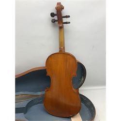 20th century French violin with 36cm one-piece maple back and ribs and spruce top L59cm overall; in mahogany stained wooden carrying case