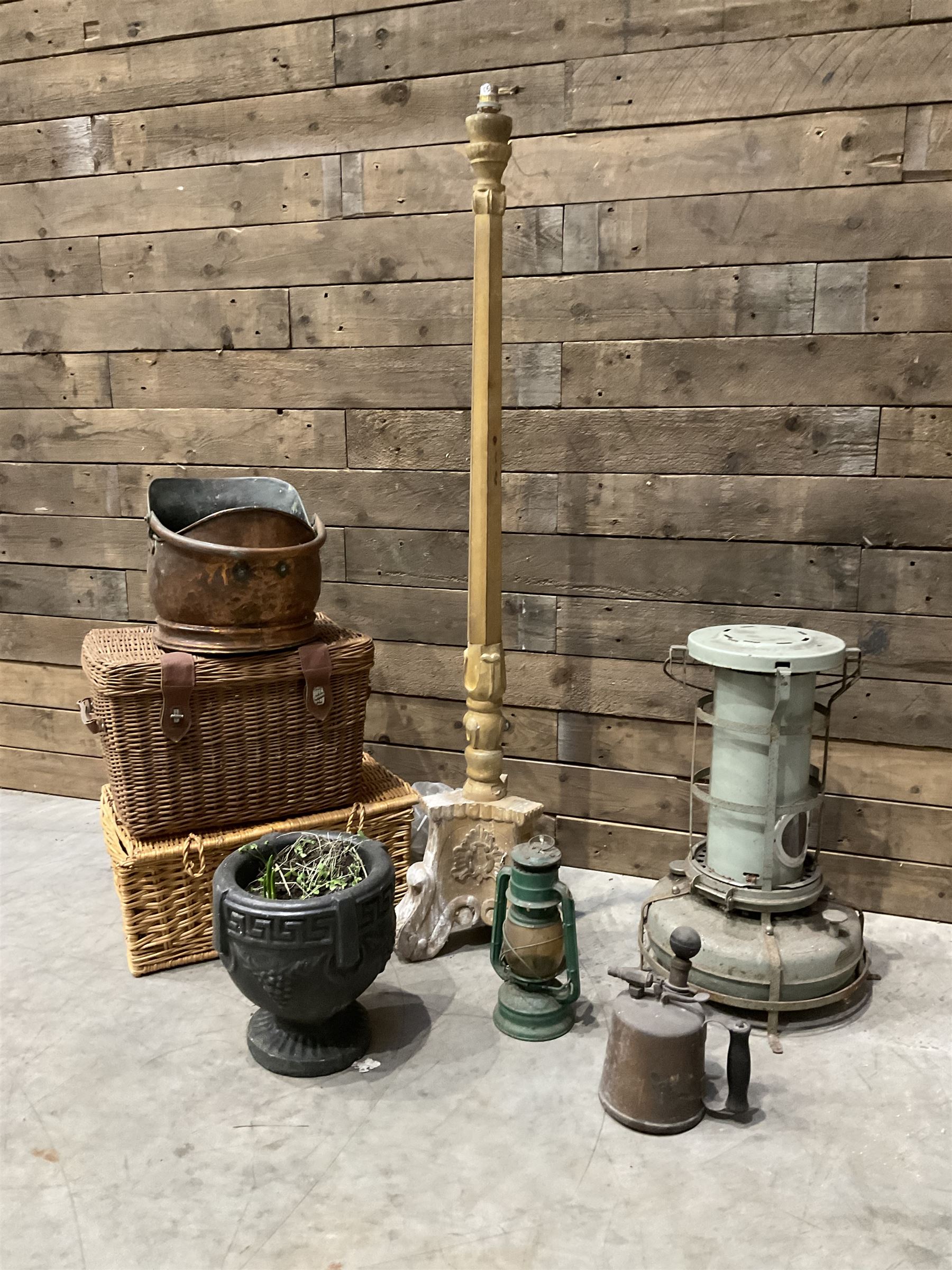 Aladdin paraffin lamp, lamp and burner, coal scuttle, painted standard lamp, stone mortar planter and two wicker baskets