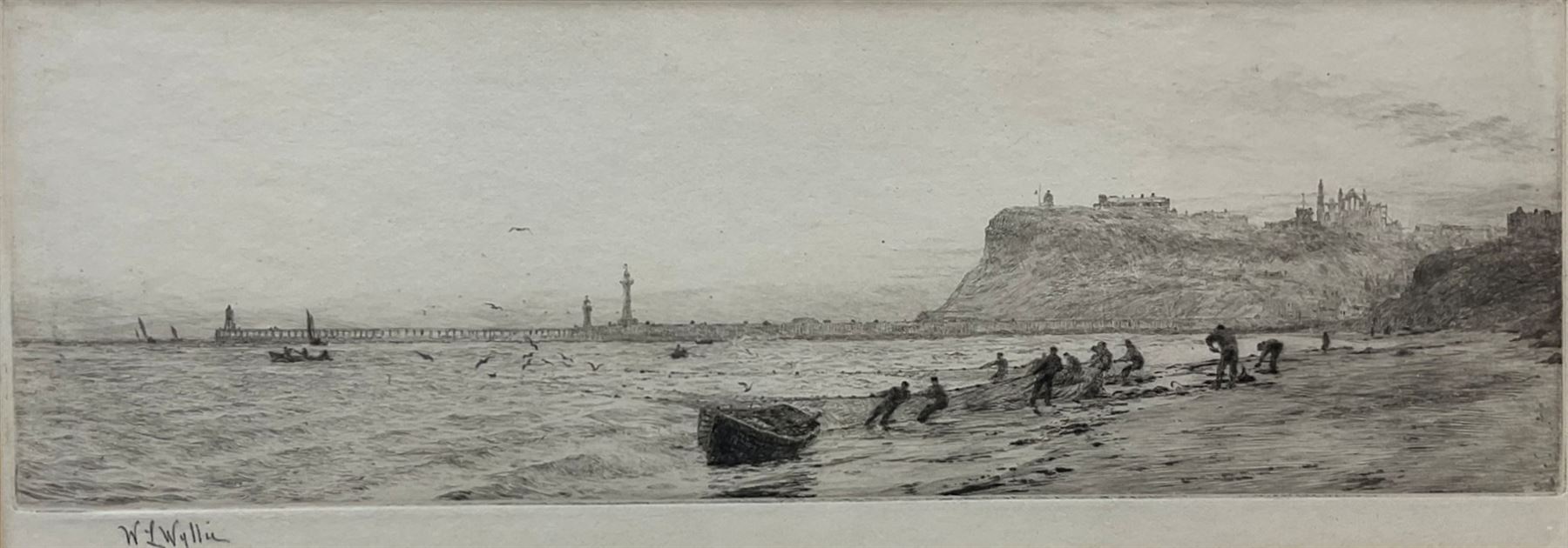William Lionel Wyllie (British 1851-1931): 'Whitby' - Hauling in the Nets on Upgang Beach, dry point etching signed in pencil 12cm x 33cm
Provenance: with The Horner Galleries Sheffield, original title label verso