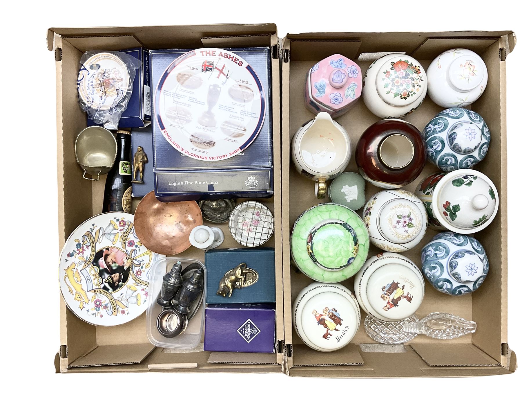 Wedgwood green jasperware trinket box, together with boxed Aynsley 'the Ashes England's  Glorious Victory 2005' plate, commemorative wares, ginger jars and other ceramics, in two boxes 