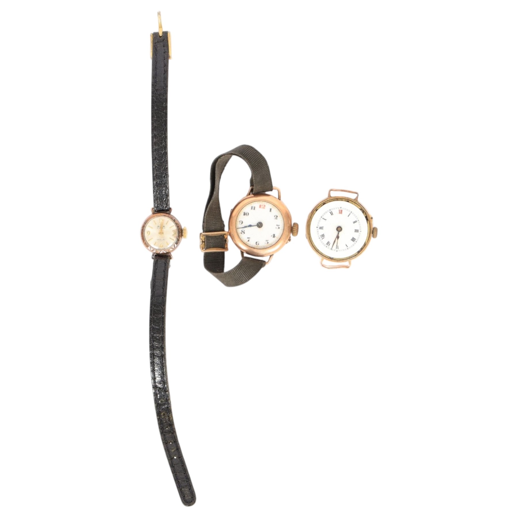 Three 9ct gold cased wristwatches, two on fabric straps