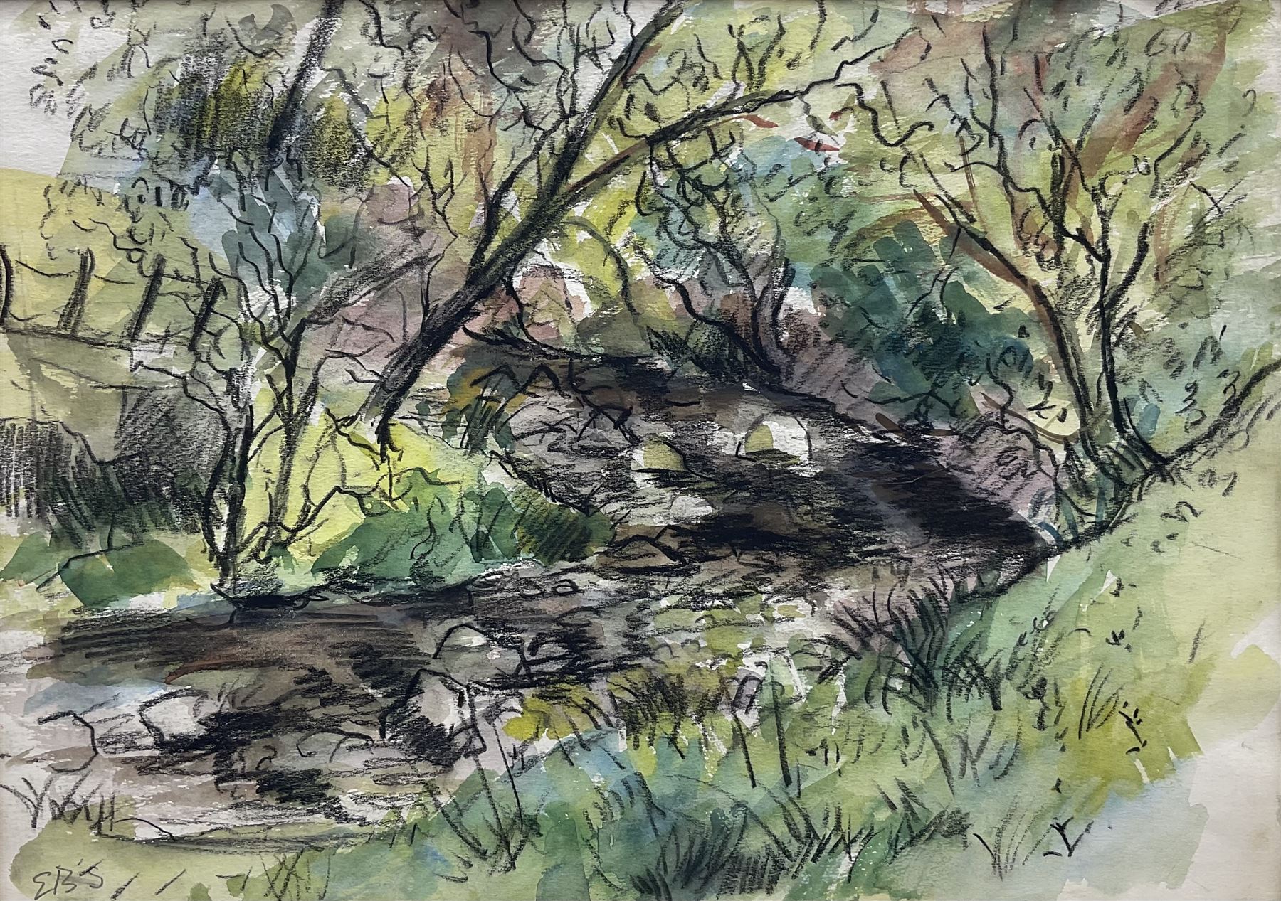 Elinor Bellingham-Smith (British 1906-1988): Winding Path, watercolour and charcoal signed with monogram EBS (unframed) 23cm x 33cm 