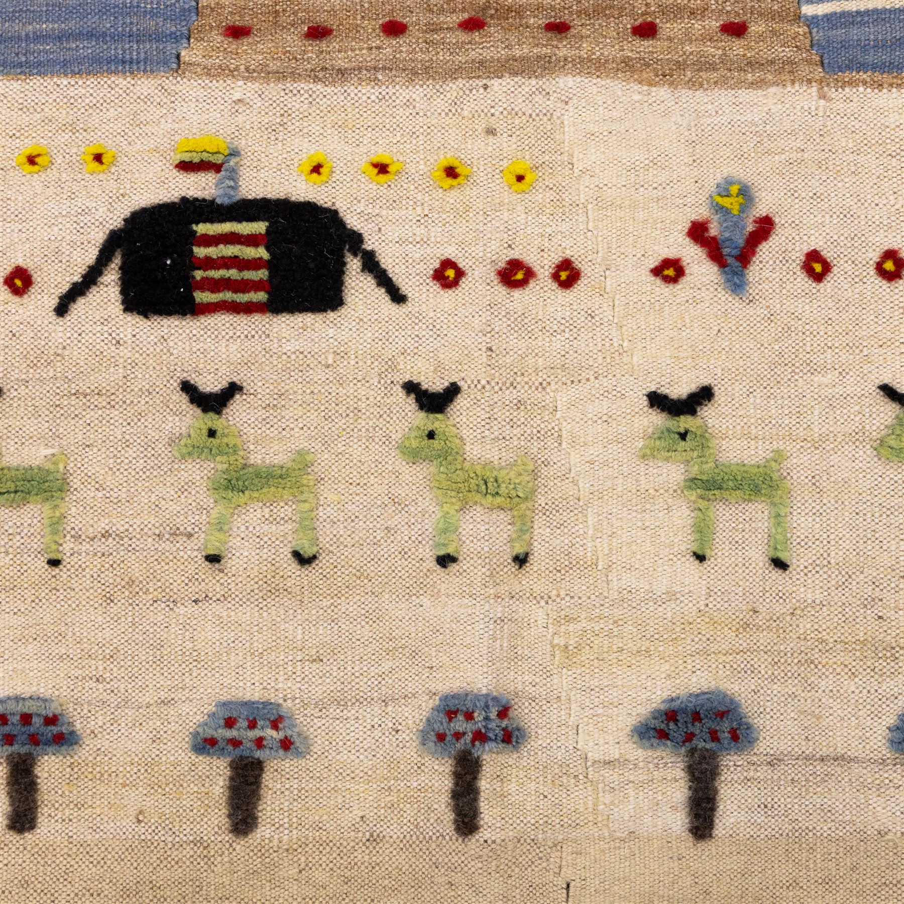 South West Persian Qashqai pictorial flatweave kilim, ivory field decorated with rows of stylized animals, bird and tree motifs applied in raised wool pile against a flat-woven ground, arranged in horizontal bands beneath a simple geometric panel enclosed by a broad red ground border with polychromed geometric devices 