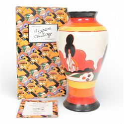 Wedgwood Bizarre by Clarice Cliff, Mei Ping vase, Farmhouse, hand painted based upon an original, limited edition 54/250, with certificate and box, H31cm 