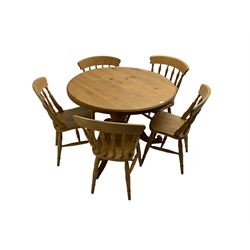 Solid pine circular farmhouse table, and five solid beech chairs
