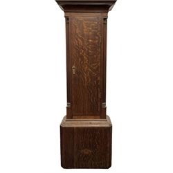 Late 18th century oak 8-day longcase clock, with a swan necked pediment and brass paterie, 
break arch hood door flanked by detached reeded pilasters, trunk with recessed quarter pillars and a long flat topped door, on a square plinth with canted corners, early painted dial with Arabic numerals and floral decoration to the arch and spandrels, with stamped brass hands and date recorder, weight driven two train movement with baluster movement pillars and an internal countwheel strike (bell missing). With pendulum and weights.  No makers name.