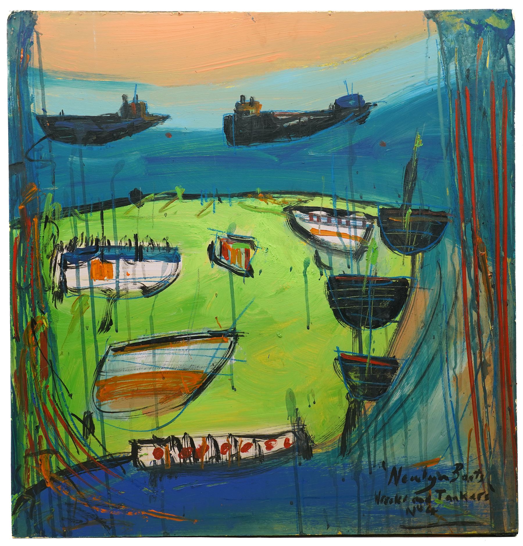 Newlyn School (Mid-20th century): 'Newlyn Boats Wrecks and Tankers no.4' oil on board titled but unsigned 71cm x 69cm (unframed)