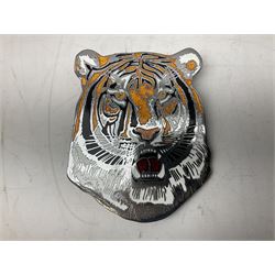 Leyland Royal Tiger enamelled metal sign of a tiger's head marked Manhattan Windsor Birmingham England no. NLH 960 to reverse, L16cm, together with a keyring and Leyland bus navy tie 