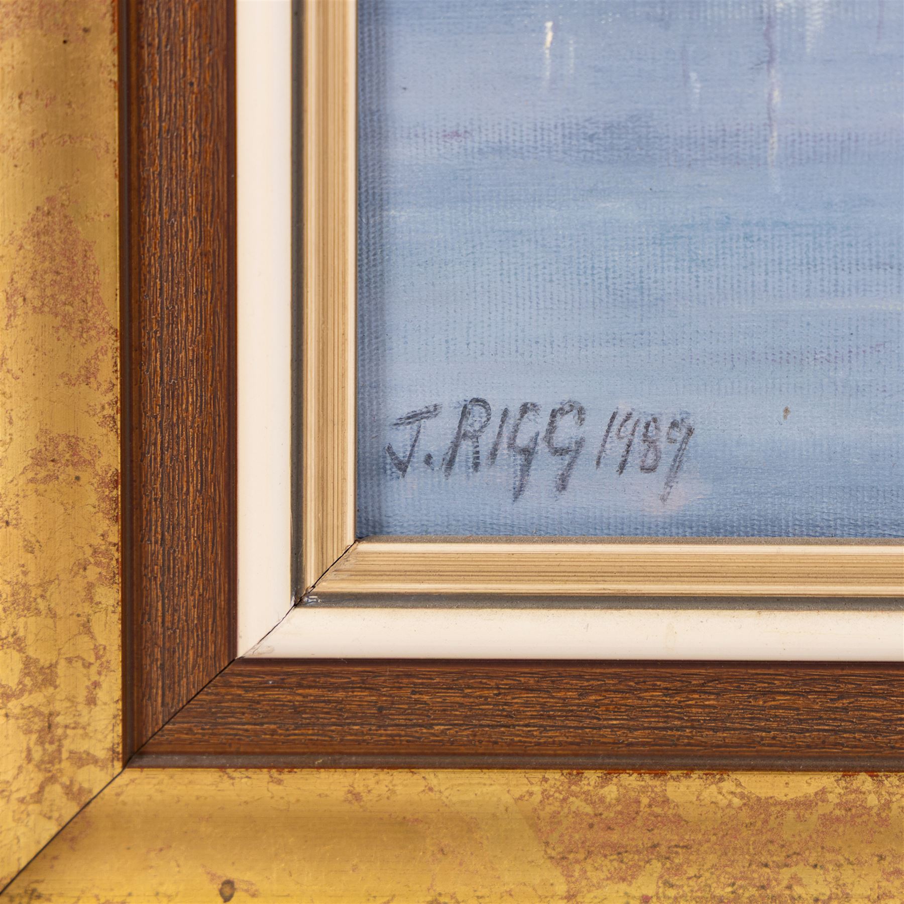 Jack Rigg (British 1927-2023): 'Welcome Break' - Misty Whitby Harbour, oil on canvas board signed and dated 1989, titled verso 39cm x 49cm