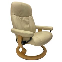 Ekornes - Stressless armchair upholstered in cream leather with matching footstool 