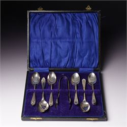Set of  of six silver coffee spoons and tongs with bright cut decoration Sheffield 1908 Ma...