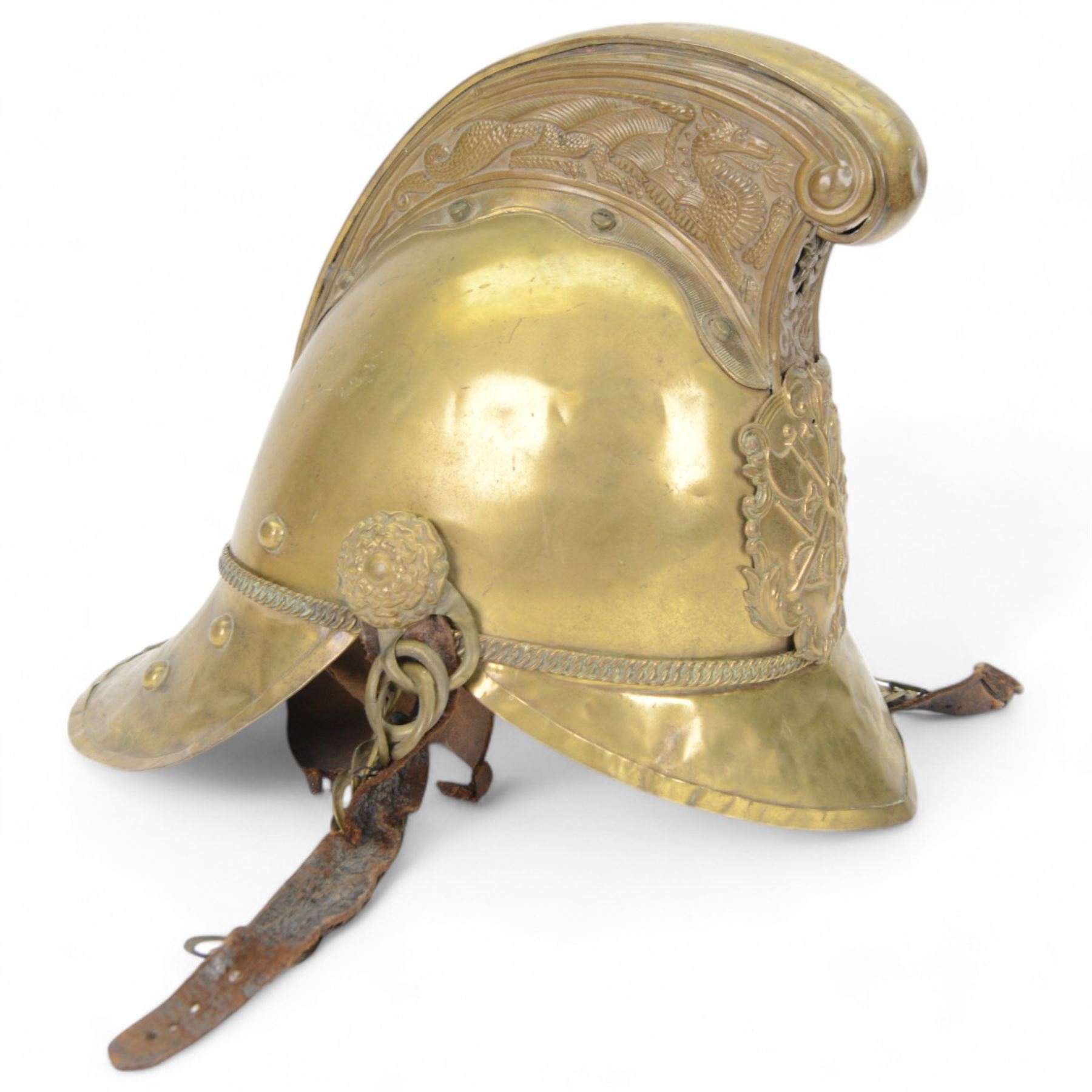 British fire brigade Merryweather pattern brass helmet, with a leather inner, and chain chin strap, H26cm