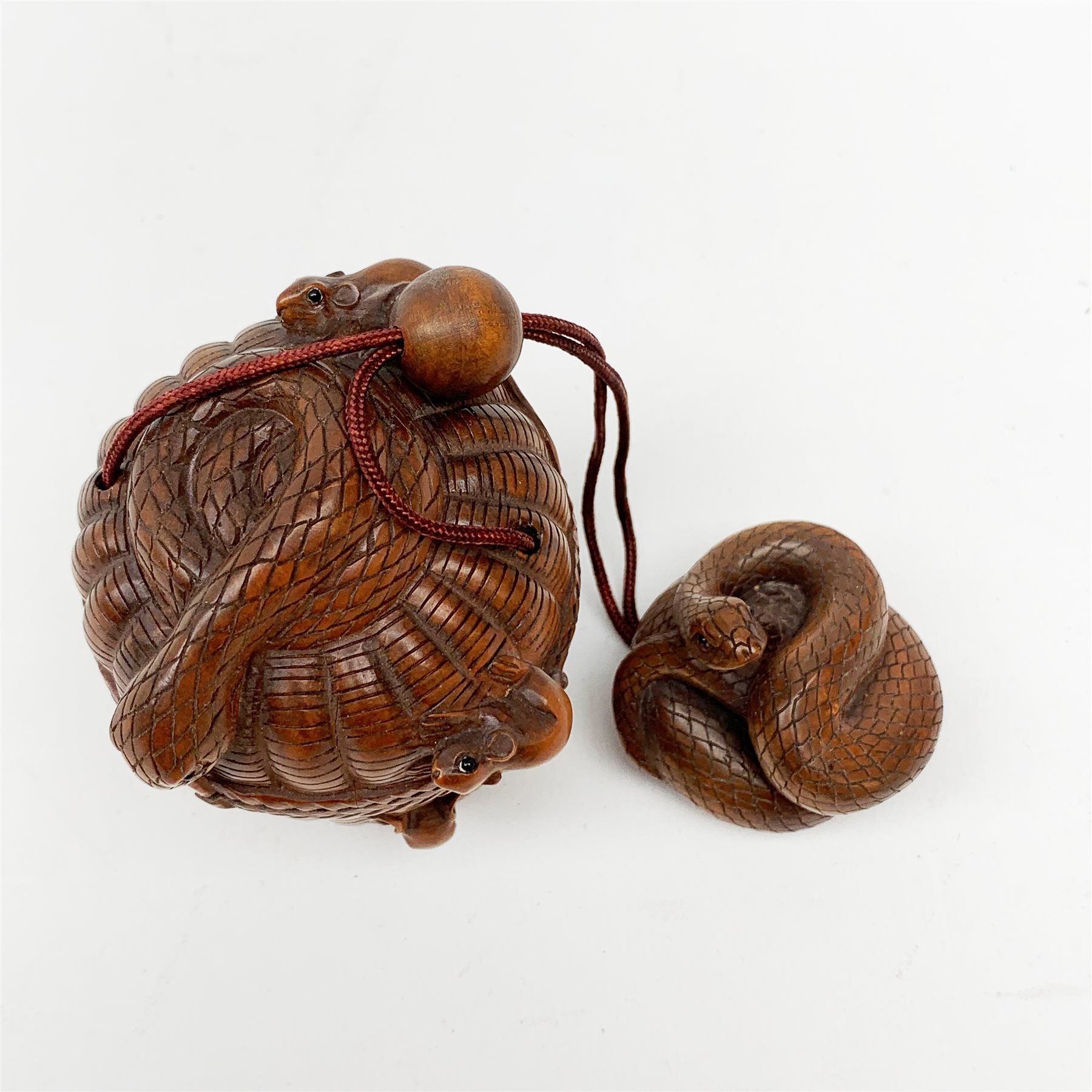 Japanese Meiji carved wooden inro, modelled as a basket with snake and rats climbing over, with snake carved netsuke and ojime bead, H8cm  