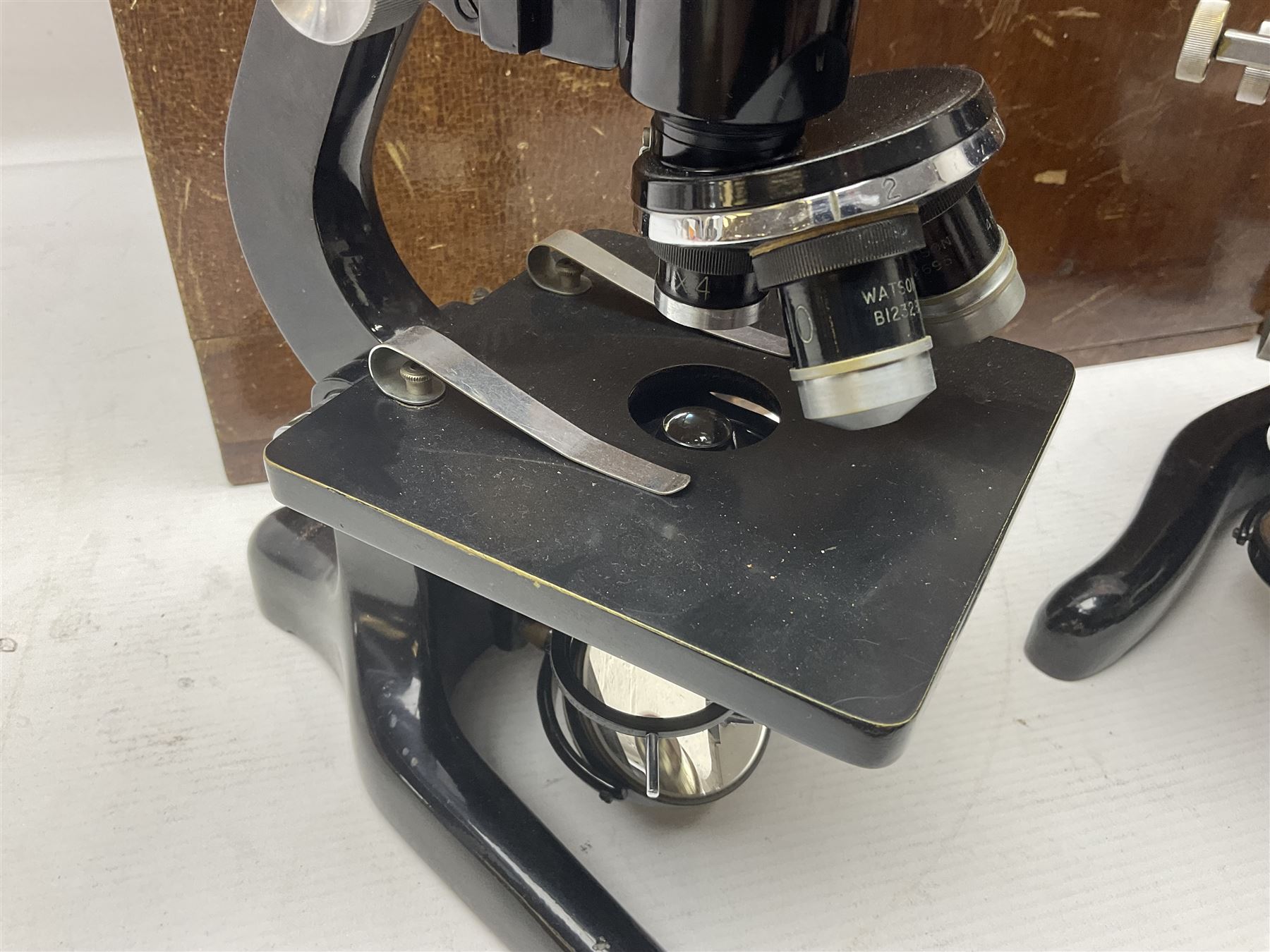 20th century W. Watson & Sons binocular microscope no 98191, in original box, together with W. Watson & Sons Kima microscope no 107846, in original box and Cooke Troughton & Simms binocular microscope no 467926