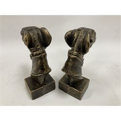 Pair of bronzed cast iron greyhound busts on plinths, H21cm